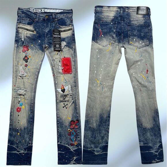 Reason Heart of Darkness Men’s Painted Ripped Jeans Size 30x32 - Picture 1 of 12